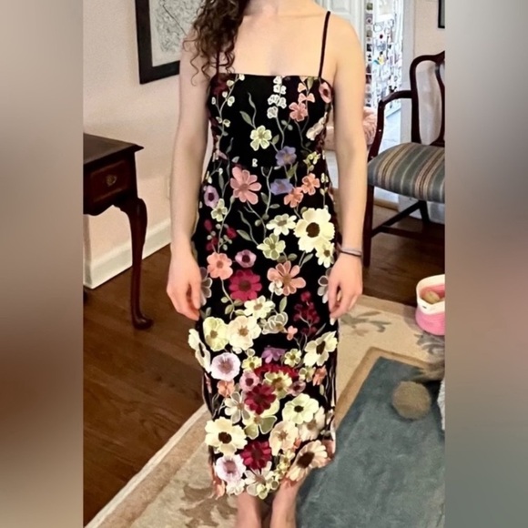 NWOT Lulus Thriving Energy Black 3D Floral Embroidered Lace-Up Midi Dress - Picture 6 of 9